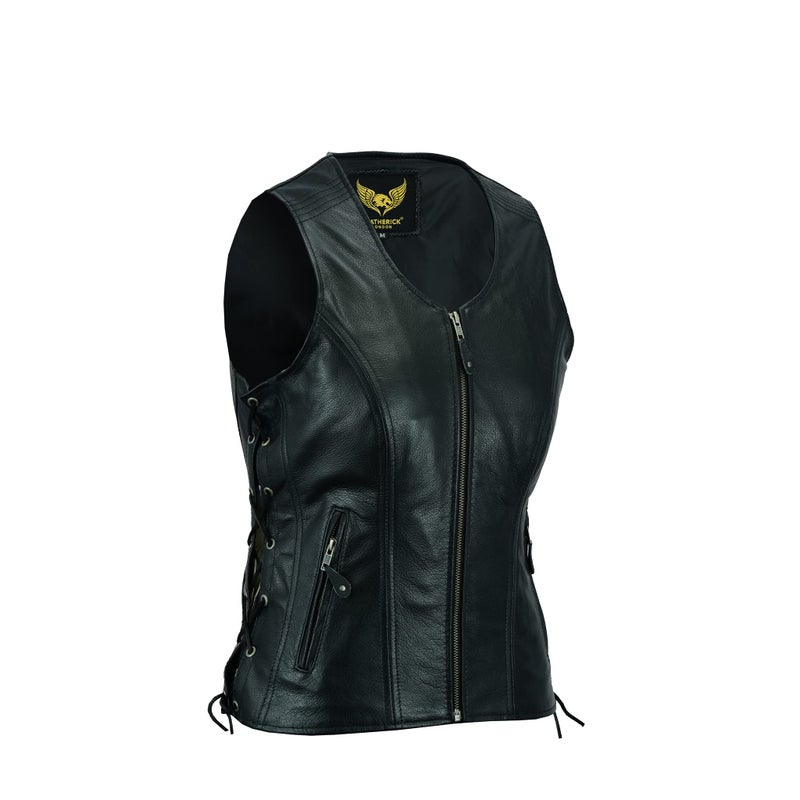 Leatherick Women Top Grain Genuine Buffalo Black Ladies Leather Vests for Motorcycle Bikers (as1  alpha  x_l  regular  regular  Black (Plain)  XL) - Image 1